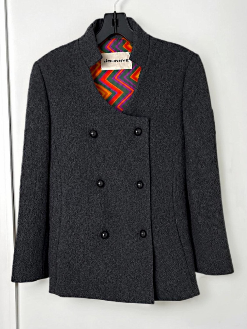Vintage 70s Johnnye Wool Double Breasted Blazer Pea Coat Chevron Lining Sz Med .
